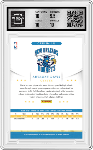 Anthony Davis from the 2012-13 Panini NBA Hoops set graded by Arena Club and given an overall grade of 10.