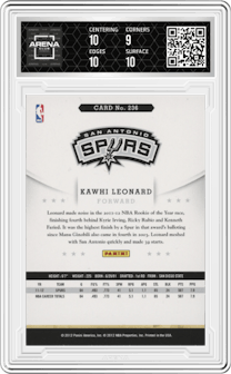 Kawhi Leonard from the 2012-13 Panini NBA Hoops set graded by Arena Club and given an overall grade of 9.5.