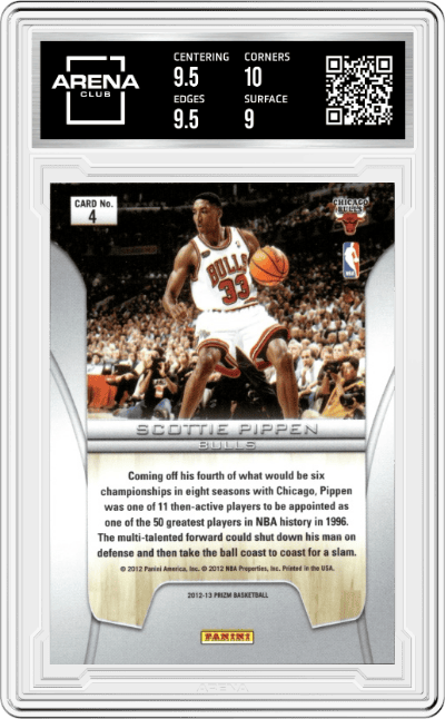 Scottie Pippen from the 2012-13 Panini Prizm set featuring a Green Prizm parallel graded by Arena Club and given an overall grade of 9.5.