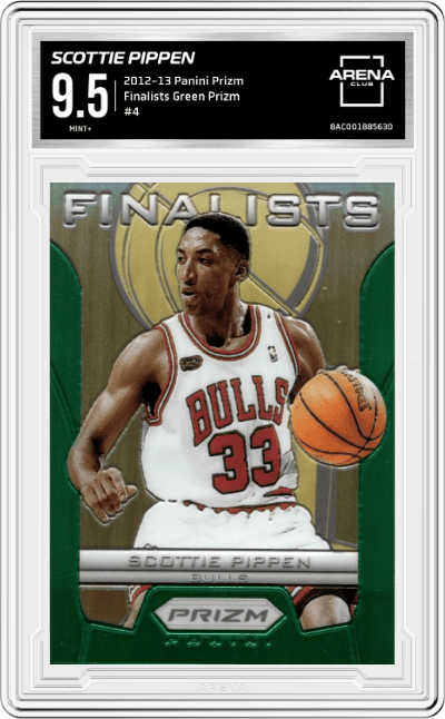 Scottie Pippen from the 2012-13 Panini Prizm set featuring a Green Prizm parallel graded by Arena Club and given an overall grade of 9.5.