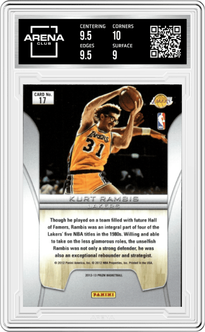 Kurt Rambis from the 2012-13 Panini Prizm set featuring a Green Prizm parallel graded by Arena Club and given an overall grade of 9.5.