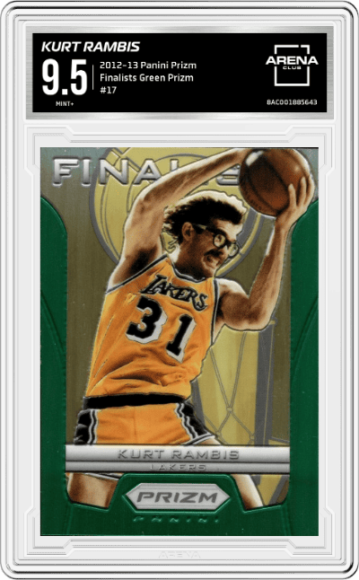 Kurt Rambis from the 2012-13 Panini Prizm set featuring a Green Prizm parallel graded by Arena Club and given an overall grade of 9.5.