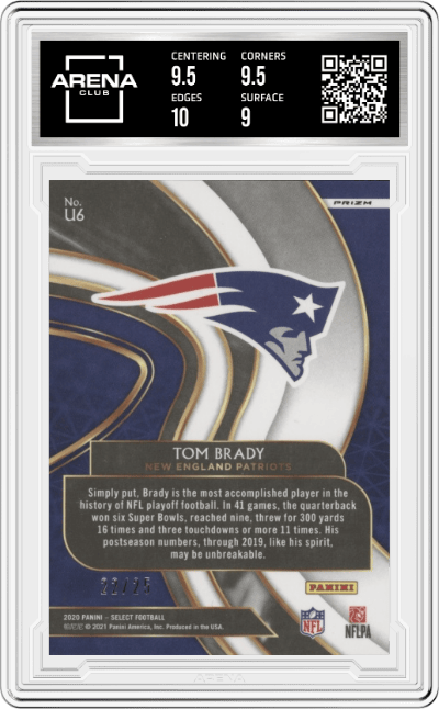 Tom Brady from the 2020 Panini Select set featuring a Tie-Dye Prizm parallel graded by Arena Club and given an overall grade of 9.5.