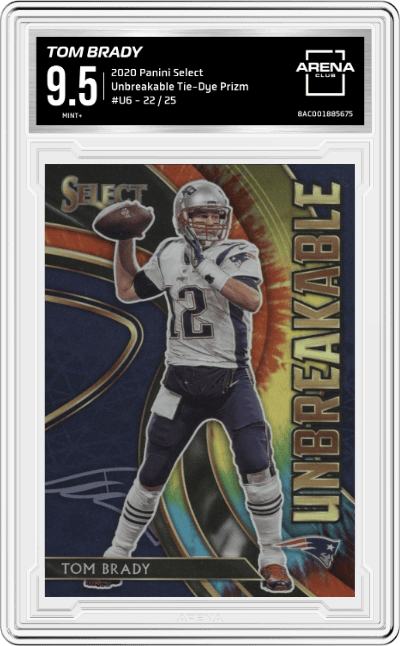 Tom Brady from the 2020 Panini Select set featuring a Tie-Dye Prizm parallel graded by Arena Club and given an overall grade of 9.5.