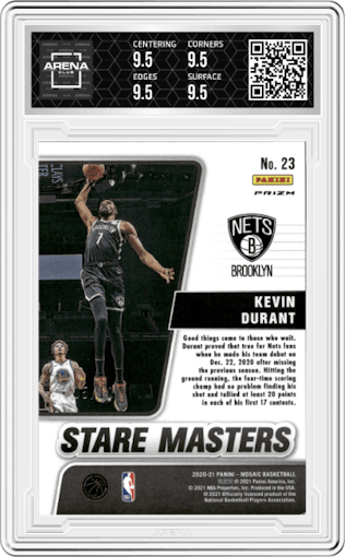 Kevin Durant from the 2020-21 Panini Mosaic set featuring a Gold Mosaic parallel graded by Arena Club and given an overall grade of 9.5.