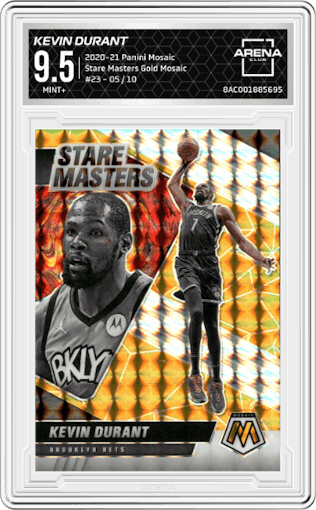 Kevin Durant from the 2020-21 Panini Mosaic set featuring a Gold Mosaic parallel graded by Arena Club and given an overall grade of 9.5.