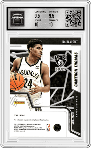 Cameron Thomas from the 2021-22 Panini Mosaic  set graded by Arena Club and given an overall grade of 10.