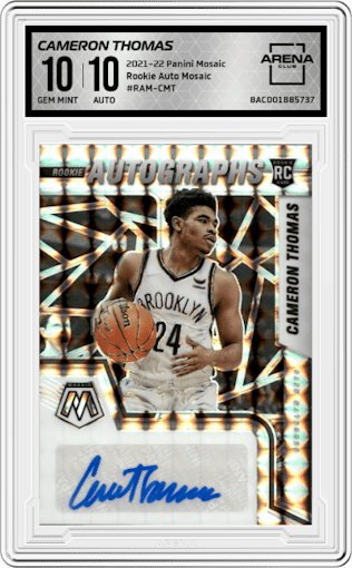 Cameron Thomas from the 2021-22 Panini Mosaic  set graded by Arena Club and given an overall grade of 10.