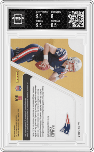 Bailey Zappe from the 2022 Panini Gold Standard set graded by Arena Club and given an overall grade of 8.5.