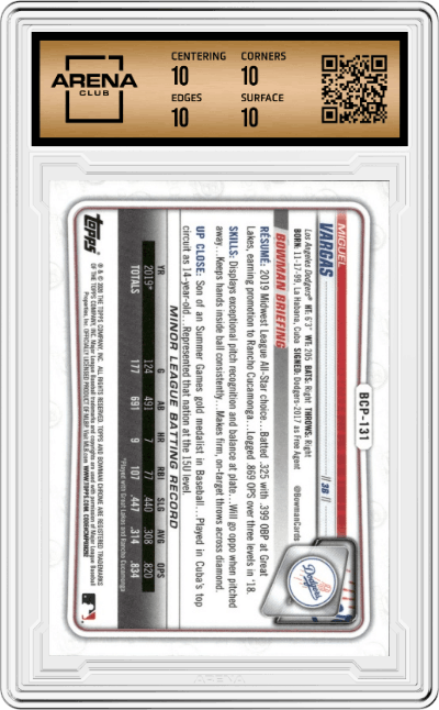 Miguel Vargas from the 2020 Bowman set featuring a Blue Shimmer Refractor parallel graded by Arena Club and given an overall grade of 10.