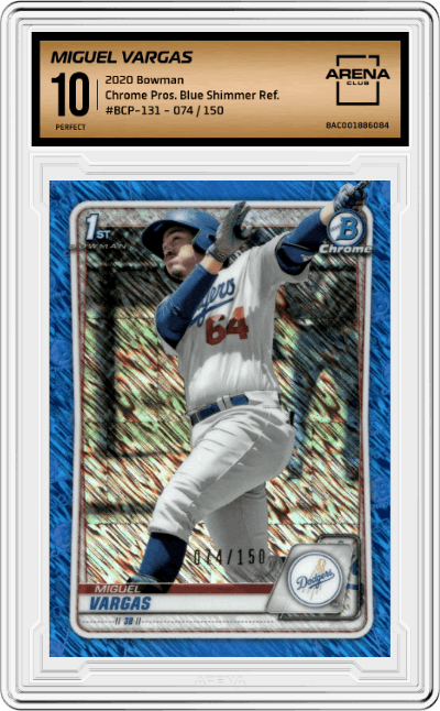 Miguel Vargas from the 2020 Bowman set featuring a Blue Shimmer Refractor parallel graded by Arena Club and given an overall grade of 10.