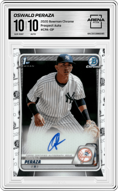 Oswald Peraza from the 2020 Bowman Chrome set graded by Arena Club and given an overall grade of 10.