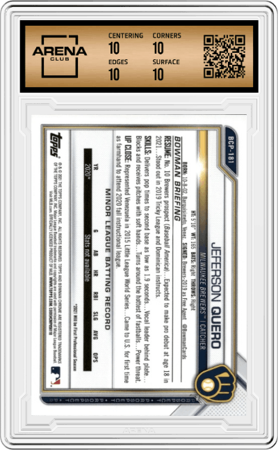 Jeferson Quero from the 2021 Bowman Chrome Sapphire set featuring a Yellow parallel graded by Arena Club and given an overall grade of 10.