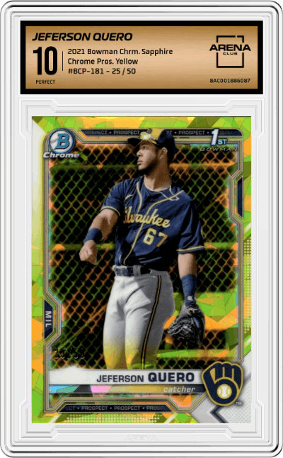 Jeferson Quero from the 2021 Bowman Chrome Sapphire set featuring a Yellow parallel graded by Arena Club and given an overall grade of 10.