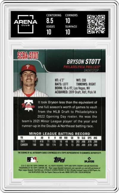 Bryson Stott from the 2022 Topps Stadium Club set graded by Arena Club and given an overall grade of 9.