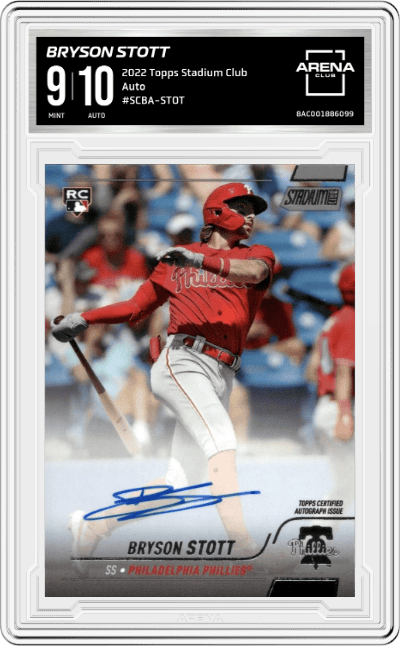 Bryson Stott from the 2022 Topps Stadium Club set graded by Arena Club and given an overall grade of 9.