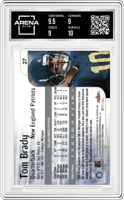 Tom Brady from the 2000 Impact  set graded by Arena Club and given an overall grade of 9.5.