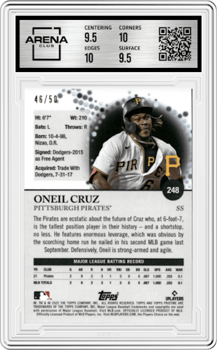 Oneil Cruz from the 2022 Topps Pristine set featuring a Gold Refractor parallel graded by Arena Club and given an overall grade of 10.