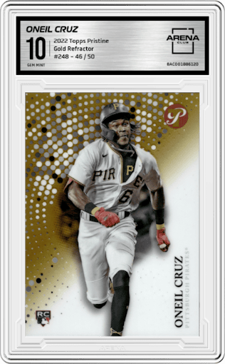 Oneil Cruz from the 2022 Topps Pristine set featuring a Gold Refractor parallel graded by Arena Club and given an overall grade of 10.