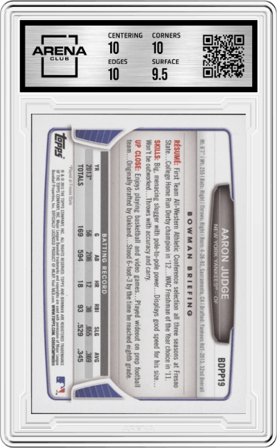 Aaron Judge from the 2013 Bowman Draft set graded by Arena Club and given an overall grade of 10.