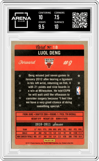 Luol Deng from the 2011-12 Panini Past & Present Basketball set graded by Arena Club and given an overall grade of 8.