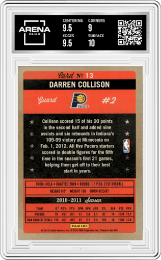 Darren Collison from the 2011-12 Panini Past & Present Basketball set graded by Arena Club and given an overall grade of 9.5.