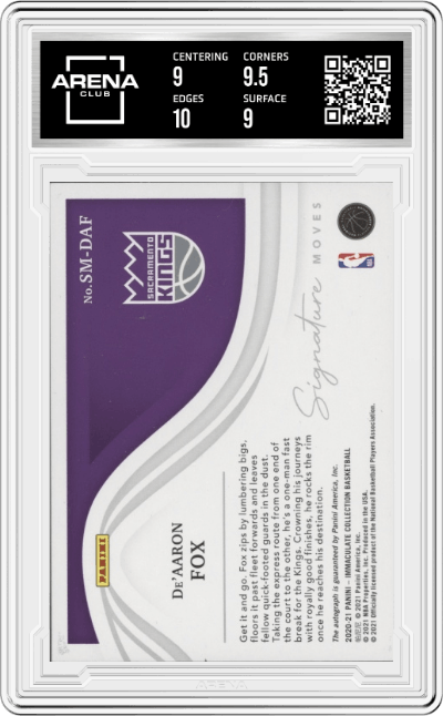 De'Aaron Fox from the 2020-21 Panini Immaculate Collection  set graded by Arena Club and given an overall grade of 9.5.
