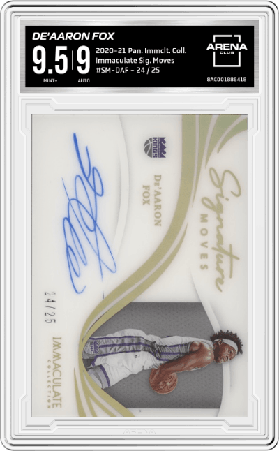 De'Aaron Fox from the 2020-21 Panini Immaculate Collection  set graded by Arena Club and given an overall grade of 9.5.