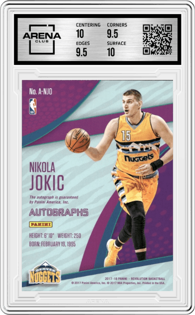 Nikola Jokic from the 2017-18 Panini Revolution set graded by Arena Club and given an overall grade of 10.