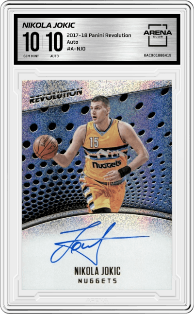 Nikola Jokic from the 2017-18 Panini Revolution set graded by Arena Club and given an overall grade of 10.