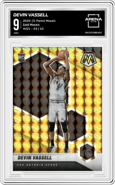 Devin Vassell from the 2020-21 Panini Mosaic set featuring a Gold Mosaic parallel graded by Arena Club and given an overall grade of 9.