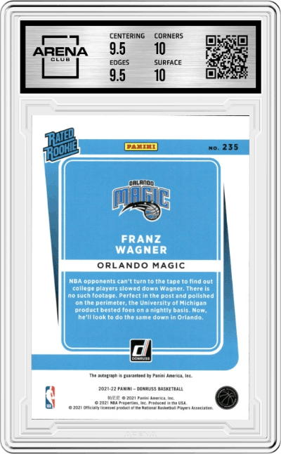 Franz Wagner from the 2021-22 Panini Donruss set featuring a Holo Laser  parallel graded by Arena Club and given an overall grade of 10.