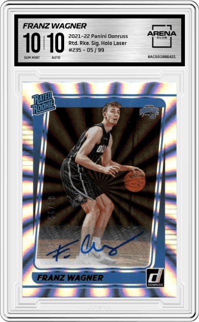 Franz Wagner from the 2021-22 Panini Donruss set featuring a Holo Laser  parallel graded by Arena Club and given an overall grade of 10.