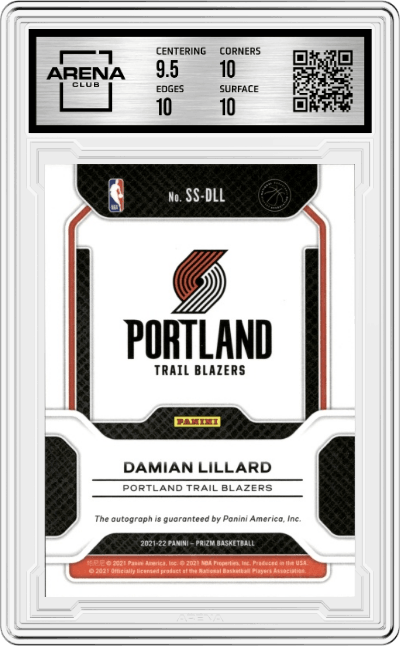 Damian Lillard from the 2021-22 Panini Prizm  set graded by Arena Club and given an overall grade of 10.
