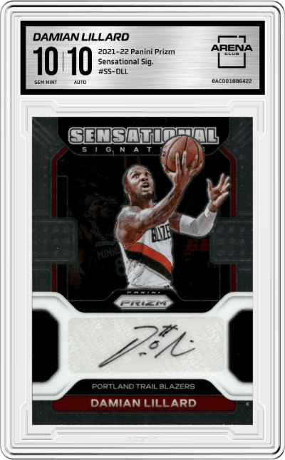 Damian Lillard from the 2021-22 Panini Prizm  set graded by Arena Club and given an overall grade of 10.