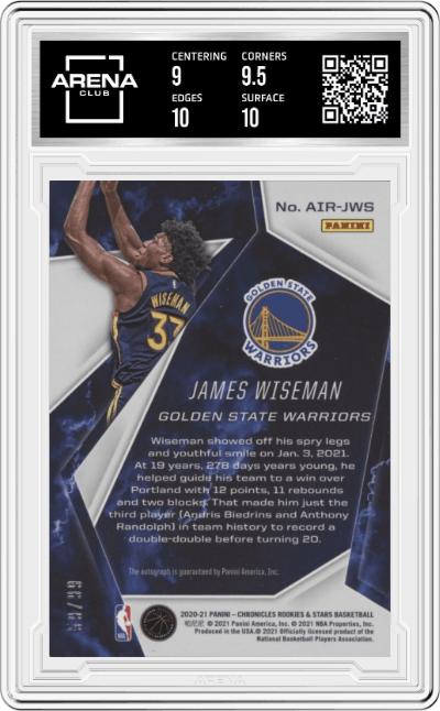 James Wiseman from the 2020-21 Panini Chronicles set graded by Arena Club and given an overall grade of 9.5.