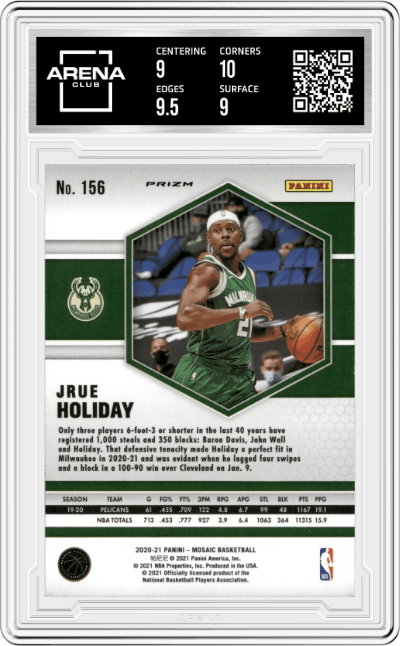 Jrue Holiday from the 2020-21 Panini Mosaic set featuring a Green Ice parallel graded by Arena Club and given an overall grade of 9.5.