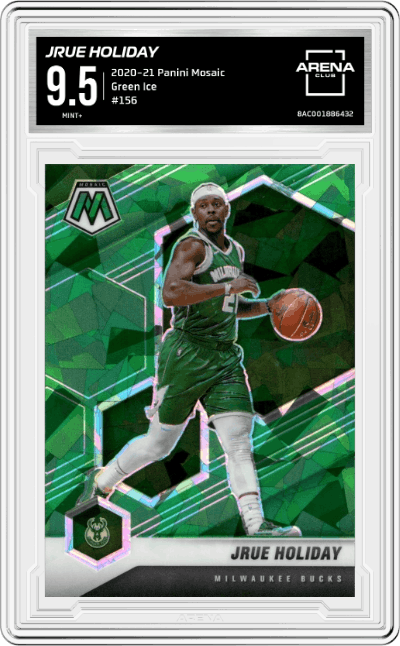 Jrue Holiday from the 2020-21 Panini Mosaic set featuring a Green Ice parallel graded by Arena Club and given an overall grade of 9.5.