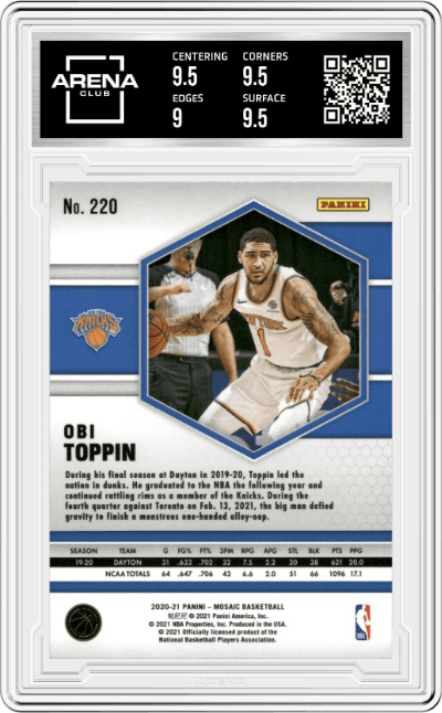 Obi Toppin from the 2020-21 Panini Mosaic set featuring a Silver Mosaic parallel graded by Arena Club and given an overall grade of 9.5.