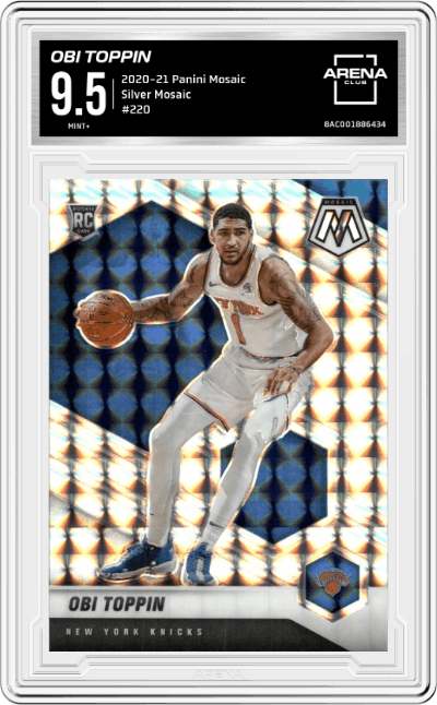 Obi Toppin from the 2020-21 Panini Mosaic set featuring a Silver Mosaic parallel graded by Arena Club and given an overall grade of 9.5.