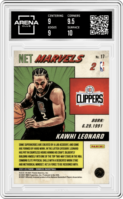 Kawhi Leonard from the 2021-22 Panini Donruss set featuring a Press Proof  parallel graded by Arena Club and given an overall grade of 9.5.