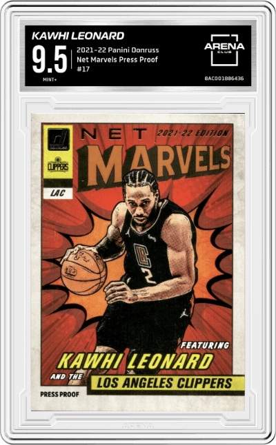 Kawhi Leonard from the 2021-22 Panini Donruss set featuring a Press Proof  parallel graded by Arena Club and given an overall grade of 9.5.