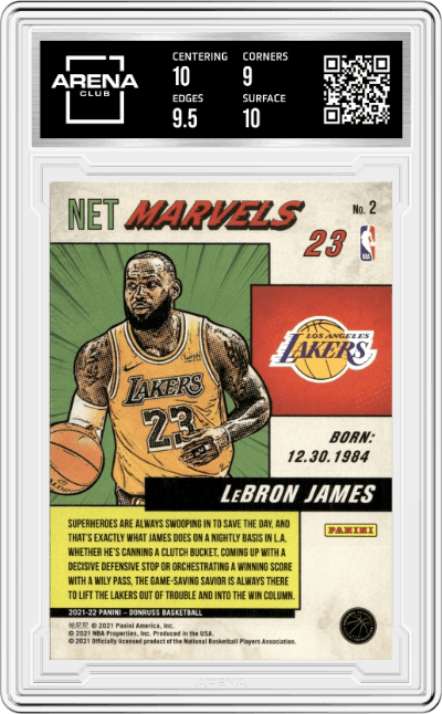 LeBron James from the 2021-22 Panini Donruss set graded by Arena Club and given an overall grade of 9.5.