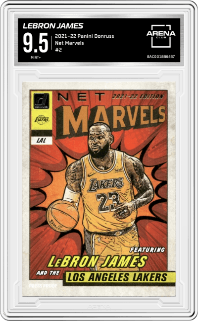 LeBron James from the 2021-22 Panini Donruss set graded by Arena Club and given an overall grade of 9.5.