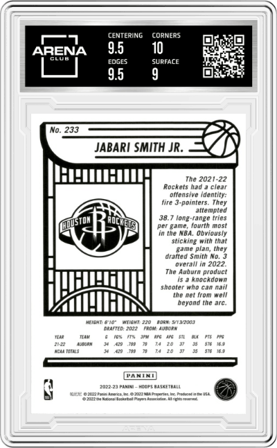 Jabari Smith Jr. from the 2022-23 Panini NBA Hoops set graded by Arena Club and given an overall grade of 9.5.