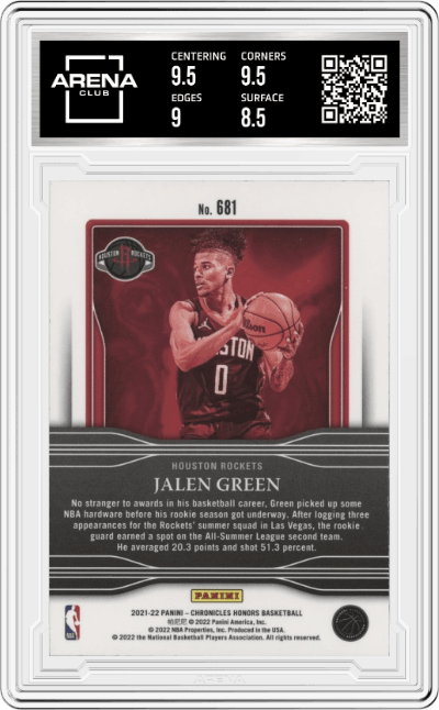 Jalen Green from the 2021-22 Panini Chronicles set graded by Arena Club and given an overall grade of 9.