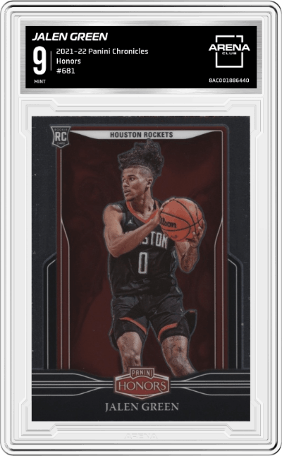 Jalen Green from the 2021-22 Panini Chronicles set graded by Arena Club and given an overall grade of 9.
