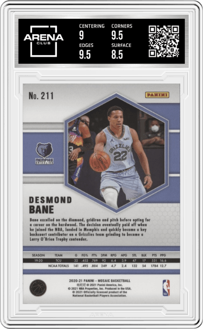 Desmond Bane from the 2020-21 Panini Mosaic set graded by Arena Club and given an overall grade of 9.