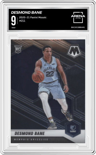 Desmond Bane from the 2020-21 Panini Mosaic set graded by Arena Club and given an overall grade of 9.