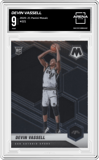 Devin Vassell from the 2020-21 Panini Mosaic set graded by Arena Club and given an overall grade of 9.